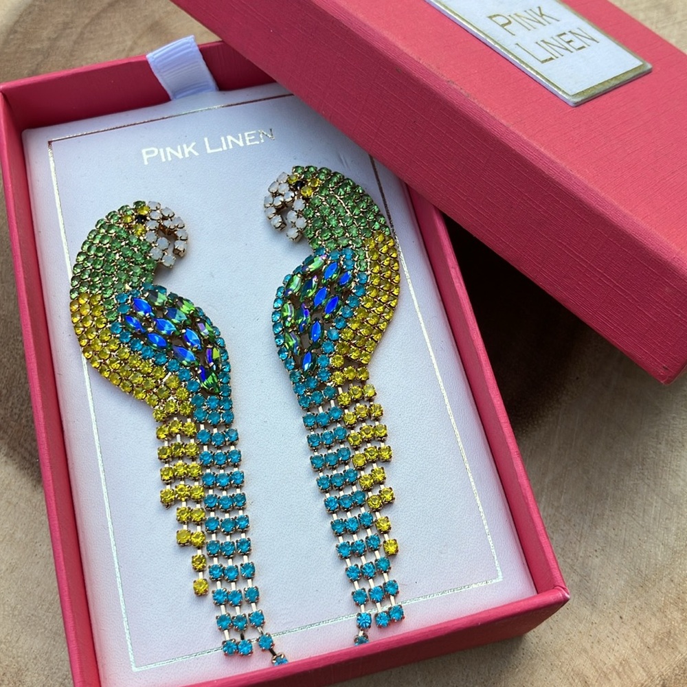 Parrot Rhinestone Dangle Earrings Pink Linen NEW